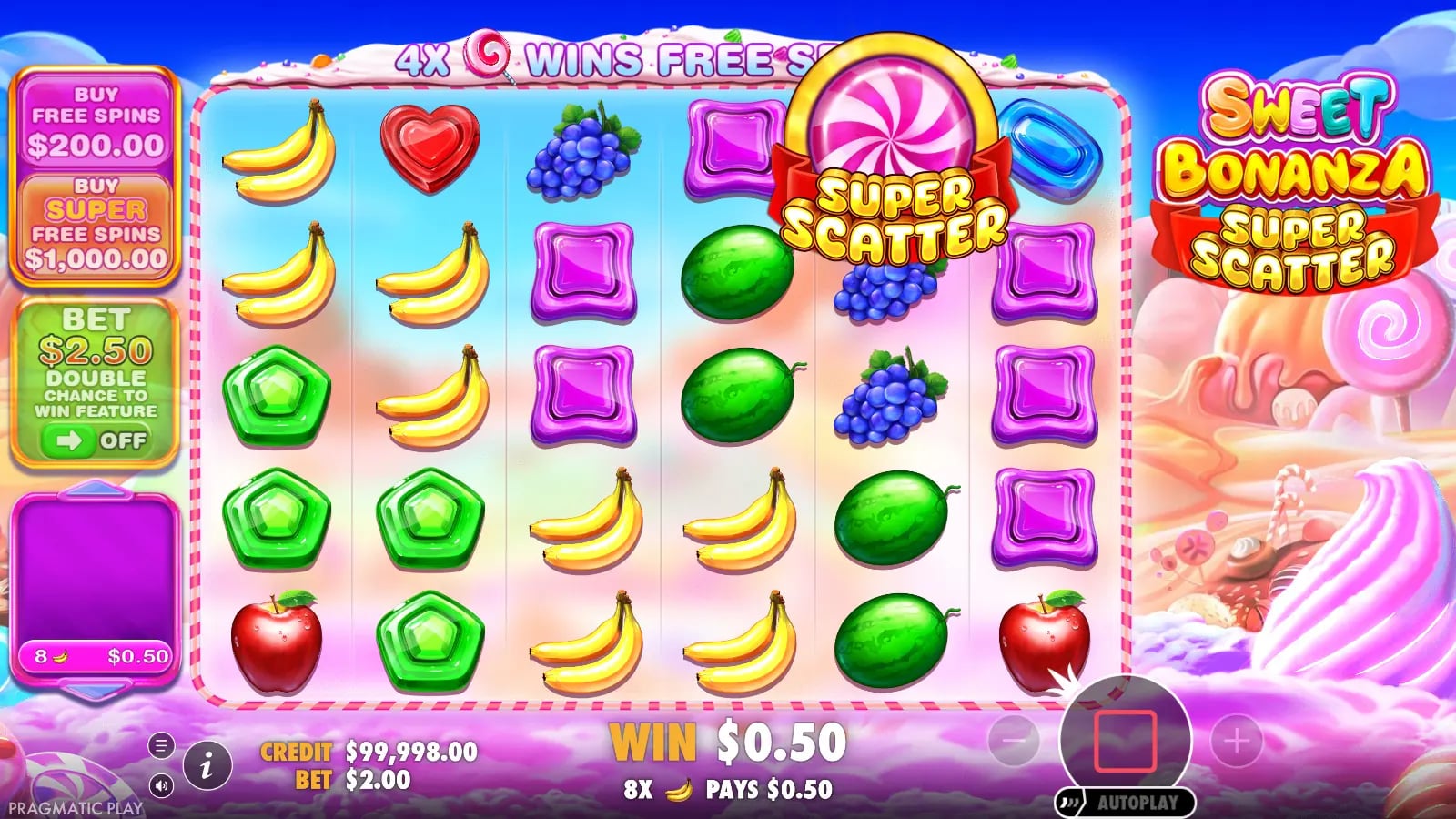 Sweet Bonanza Super Scatter ordinary $0.50 banana win at a $2 virtual footer bet, with one visible Super Scatter and no bonus counter.