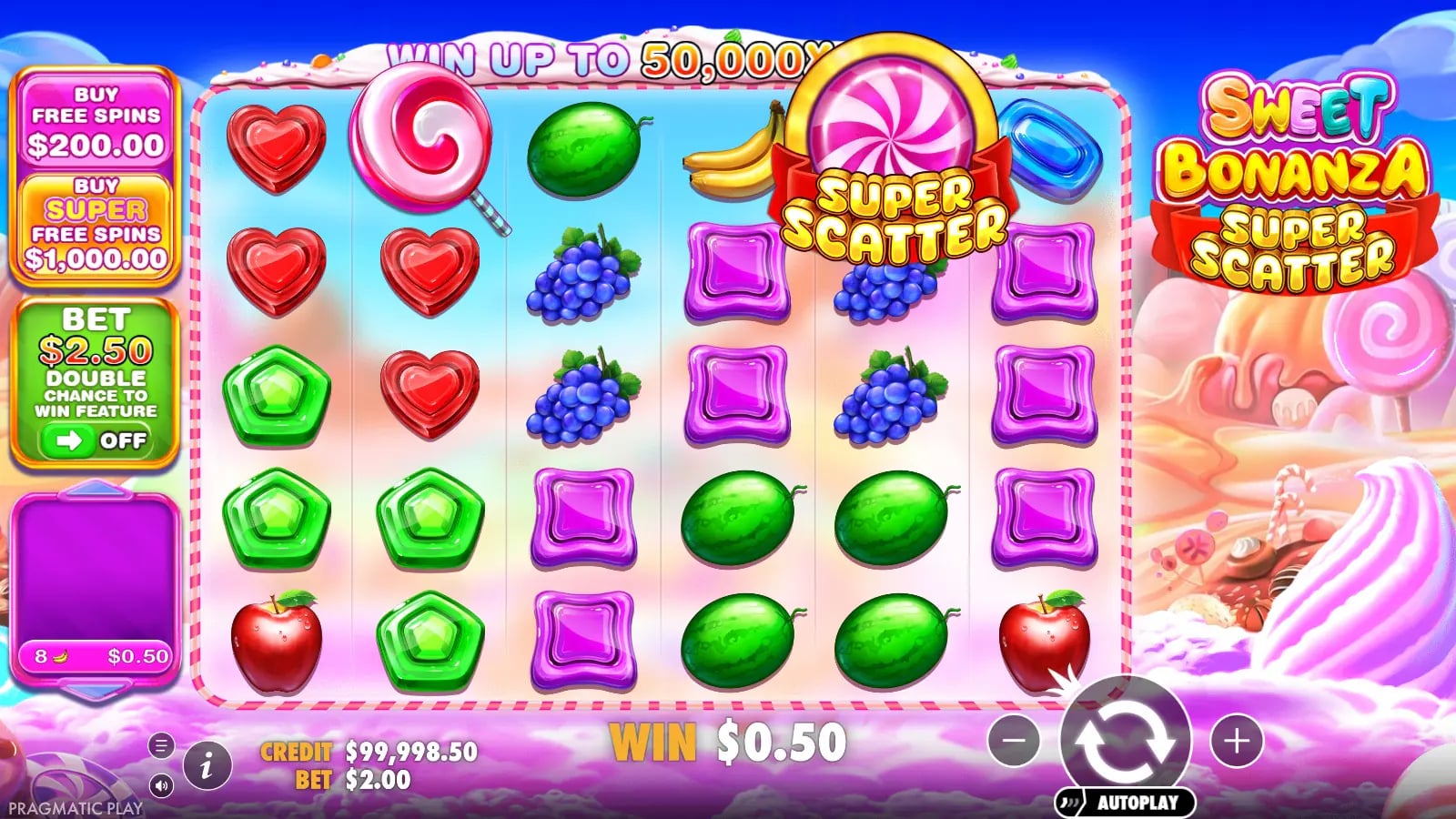 Sweet Bonanza Super Scatter later settled ordinary 6×5 board with two visible Scatter types, $99,998.50 virtual credit and no active Free Spins.