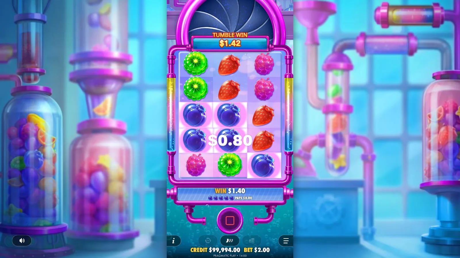 Sweet Burst mid-tumble board with highlighted blueberries and a $0.80 group overlay.