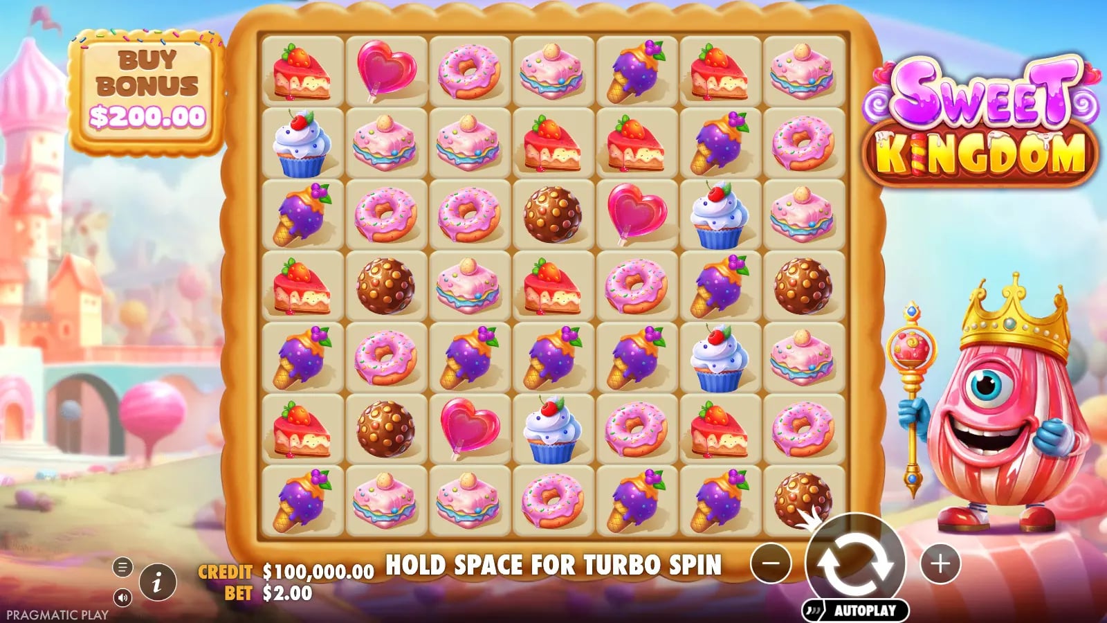 Sweet Kingdom ordinary seven-by-seven candy board at a $2 virtual bet.