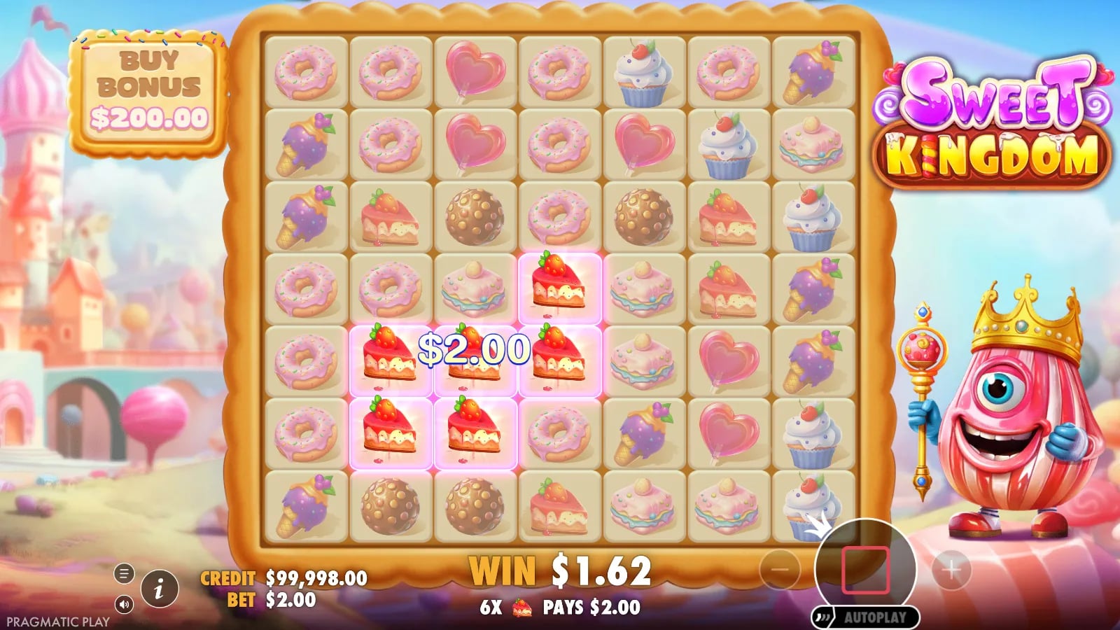 Sweet Kingdom cake-cluster win animation with highlighted slices and counters.