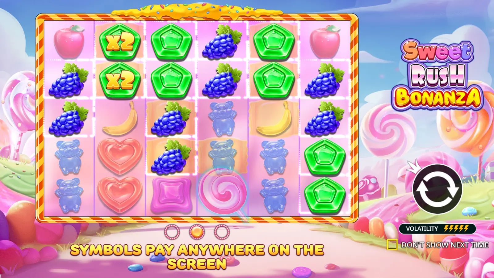 Sweet Rush Bonanza demo introduction showing the six-reel candy grid and two marked 2x positions