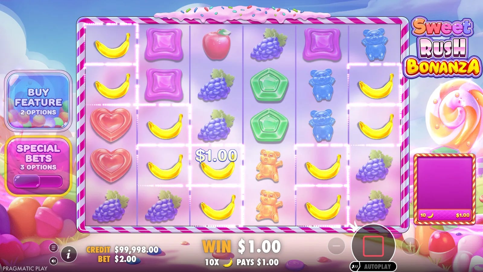 Sweet Rush Bonanza banana win with the Buy Feature and Special Bets controls beside the grid