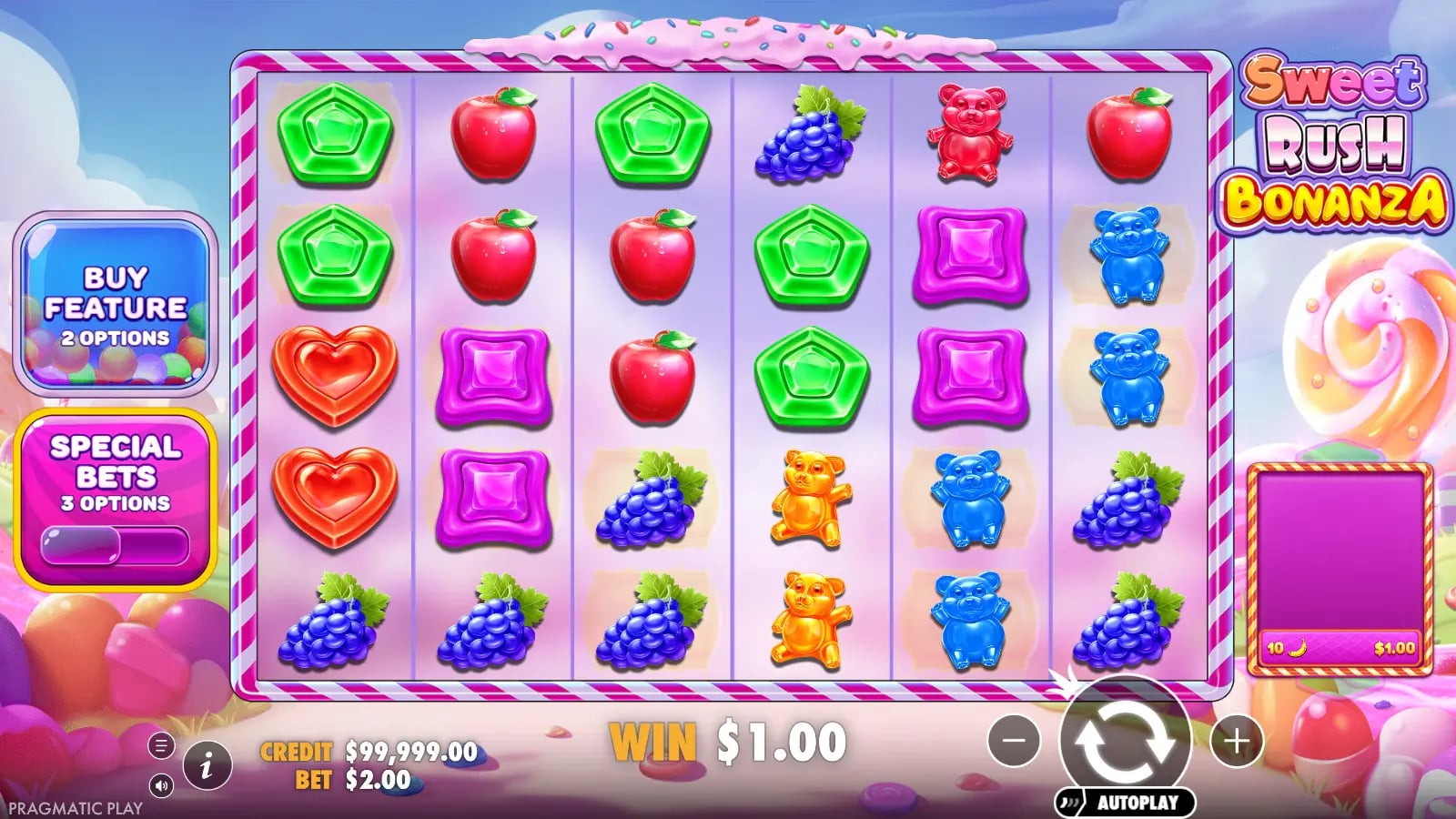 Sweet Rush Bonanza settled candy grid with a $1.00 win and the special-bet controls