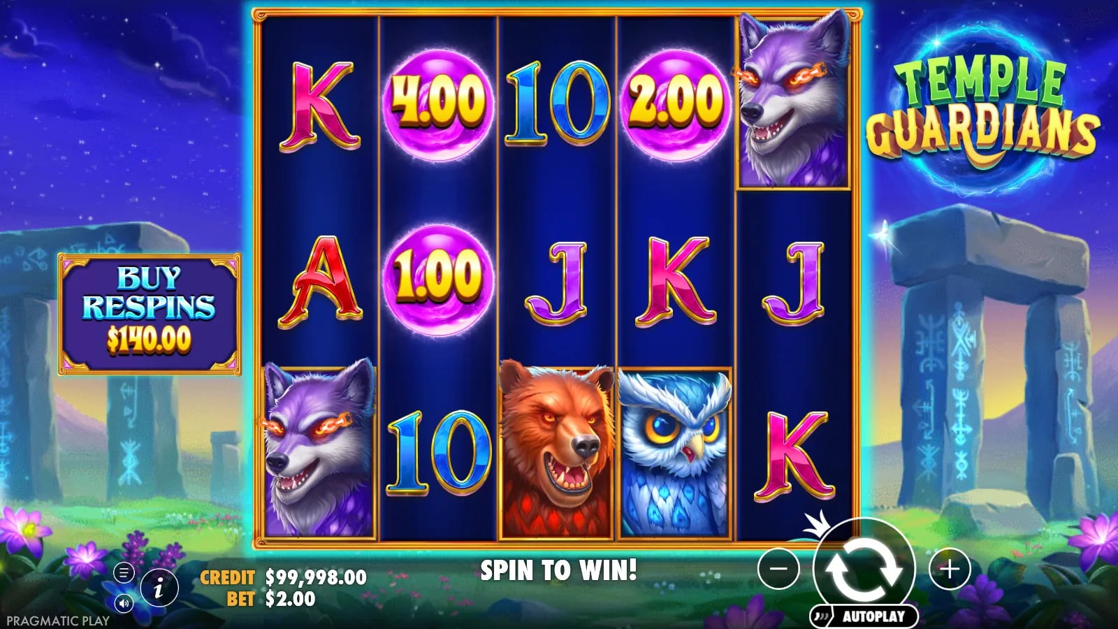Temple Guardians playable five-reel grid with money symbols and controls visible