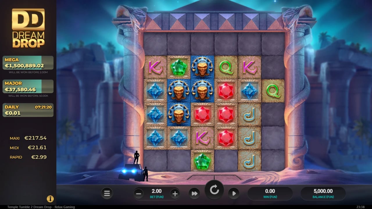 Temple Tumble 2 Dream Drop stone board beside the jackpot meters