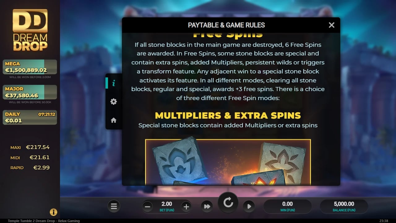 Temple Tumble rules introducing multiplier and extra-spin blocks