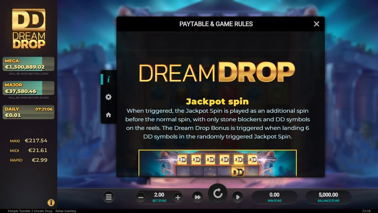 Temple Tumble Dream Drop rules with the DD entry diagram