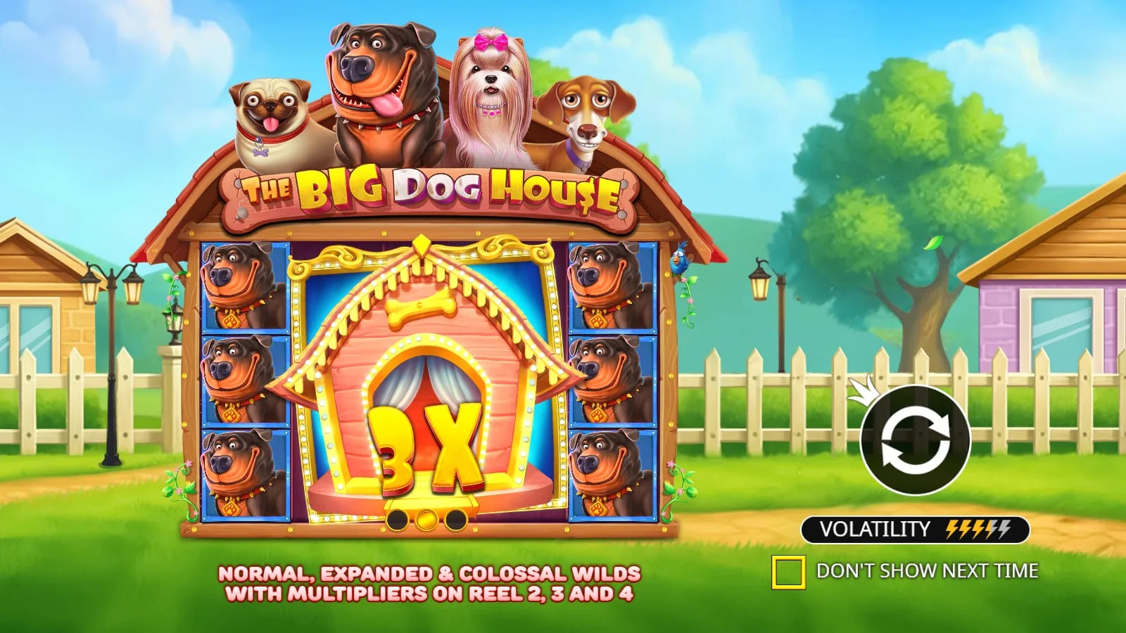 The Big Dog House pre-play illustration with a giant 3x kennel Wild and four lit volatility bolts