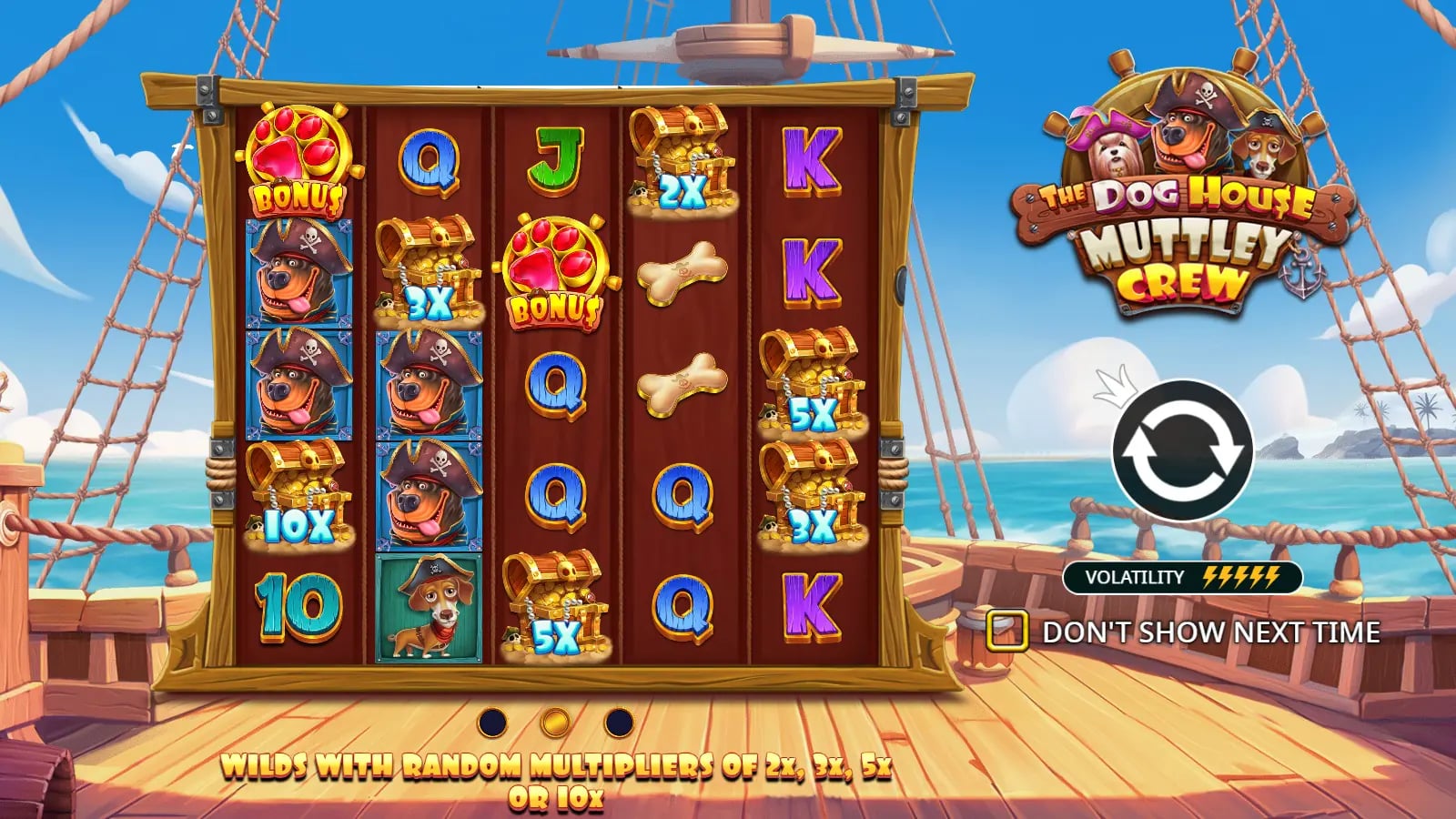 The Dog House Muttley Crew opening rule screen with paw Bonus symbols and numbered treasure-chest Wild examples.