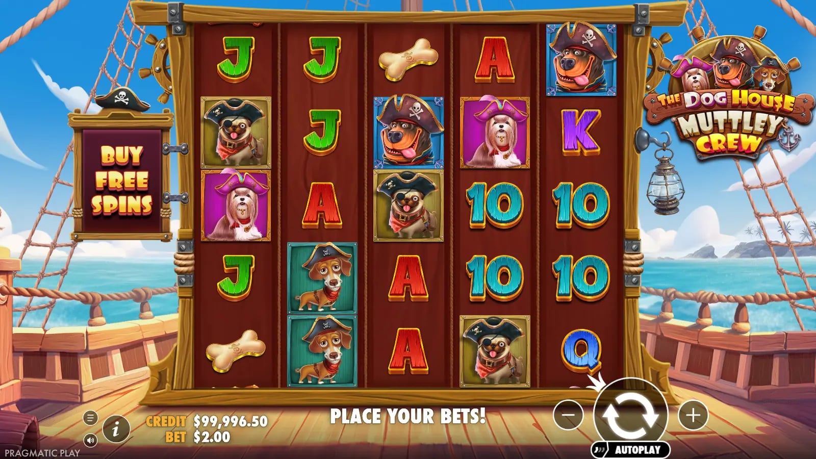 The Dog House Muttley Crew ordinary five-by-five board with dog portraits and Buy Free Spins control.