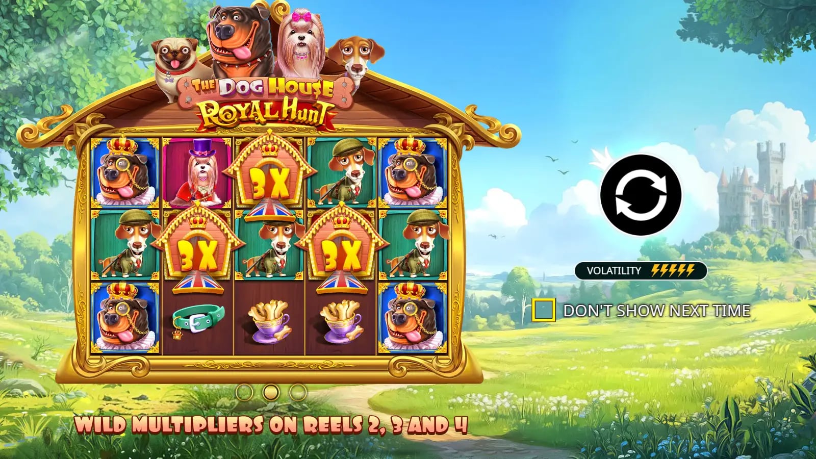The Dog House Royal Hunt illustrated opening with crowned dogs and a headline about Wild multipliers on middle reels.