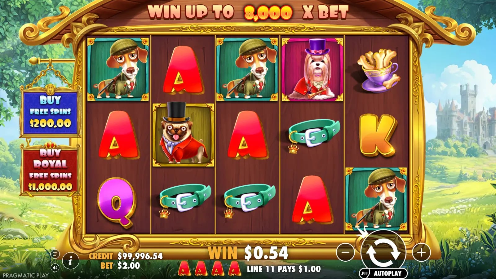 Royal Hunt ordinary 5×3 demo board at a $2 virtual bet with purchase controls and a small WIN display.
