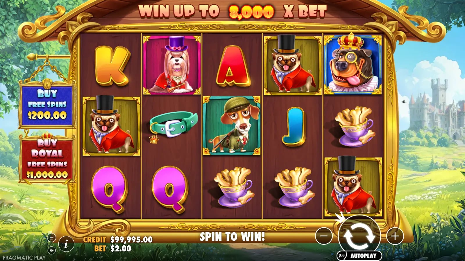 Royal Hunt second ordinary demo board showing a different 5×3 symbol arrangement and two bonus-buy controls.