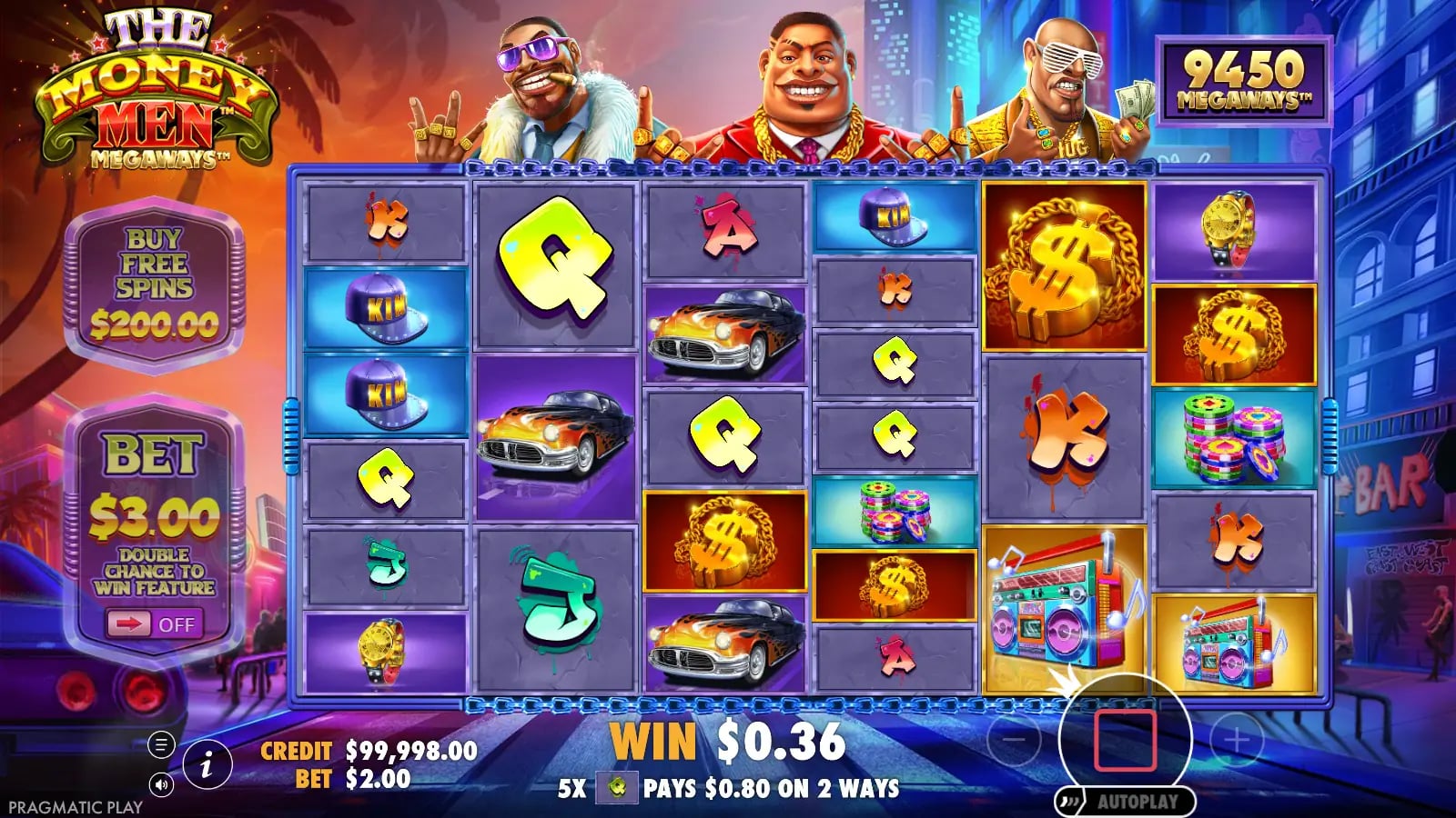 The Money Men Megaways base-game tumble with a small line win
