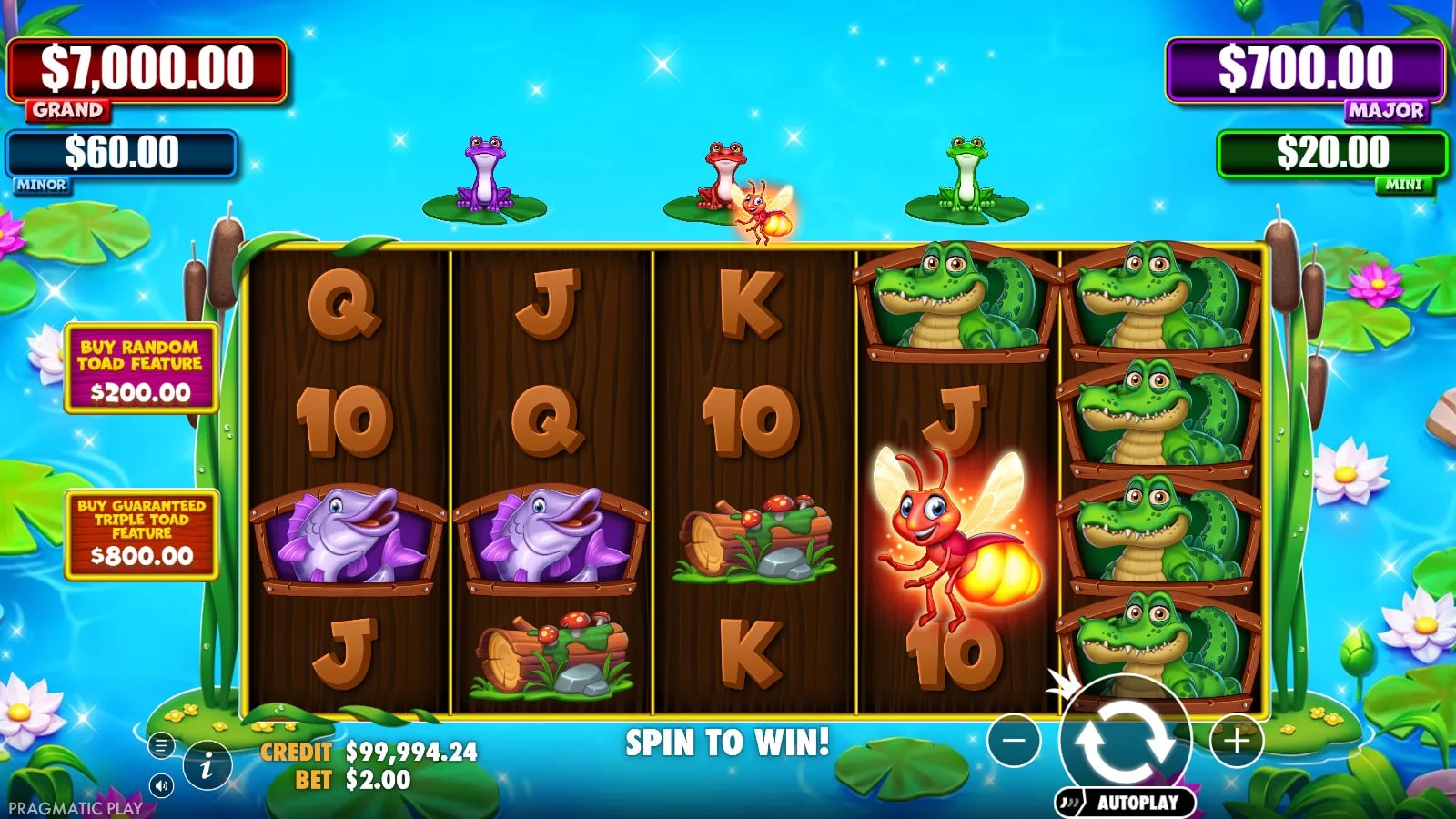 Tiny Toads ordinary board with a visible red Firefly and red toad, before any confirmed Free Spins result.