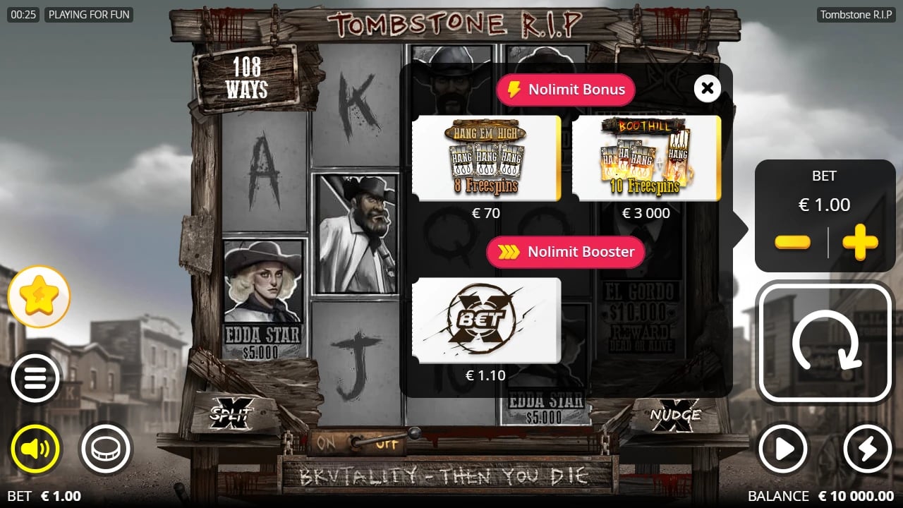 Tombstone RIP feature menu at a one-euro base bet