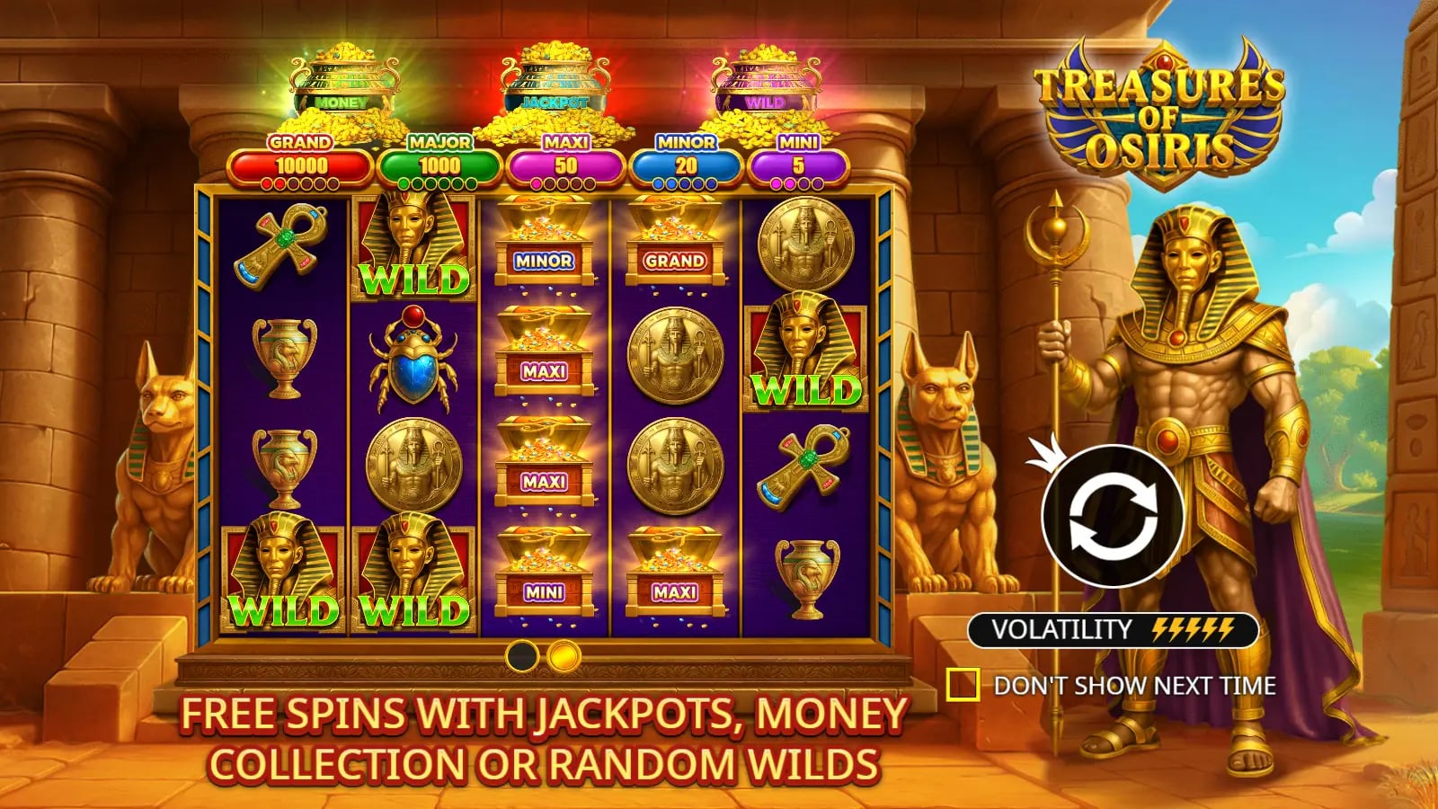 Treasures of Osiris opening screen with Wilds, jackpot chests and five prize tiers