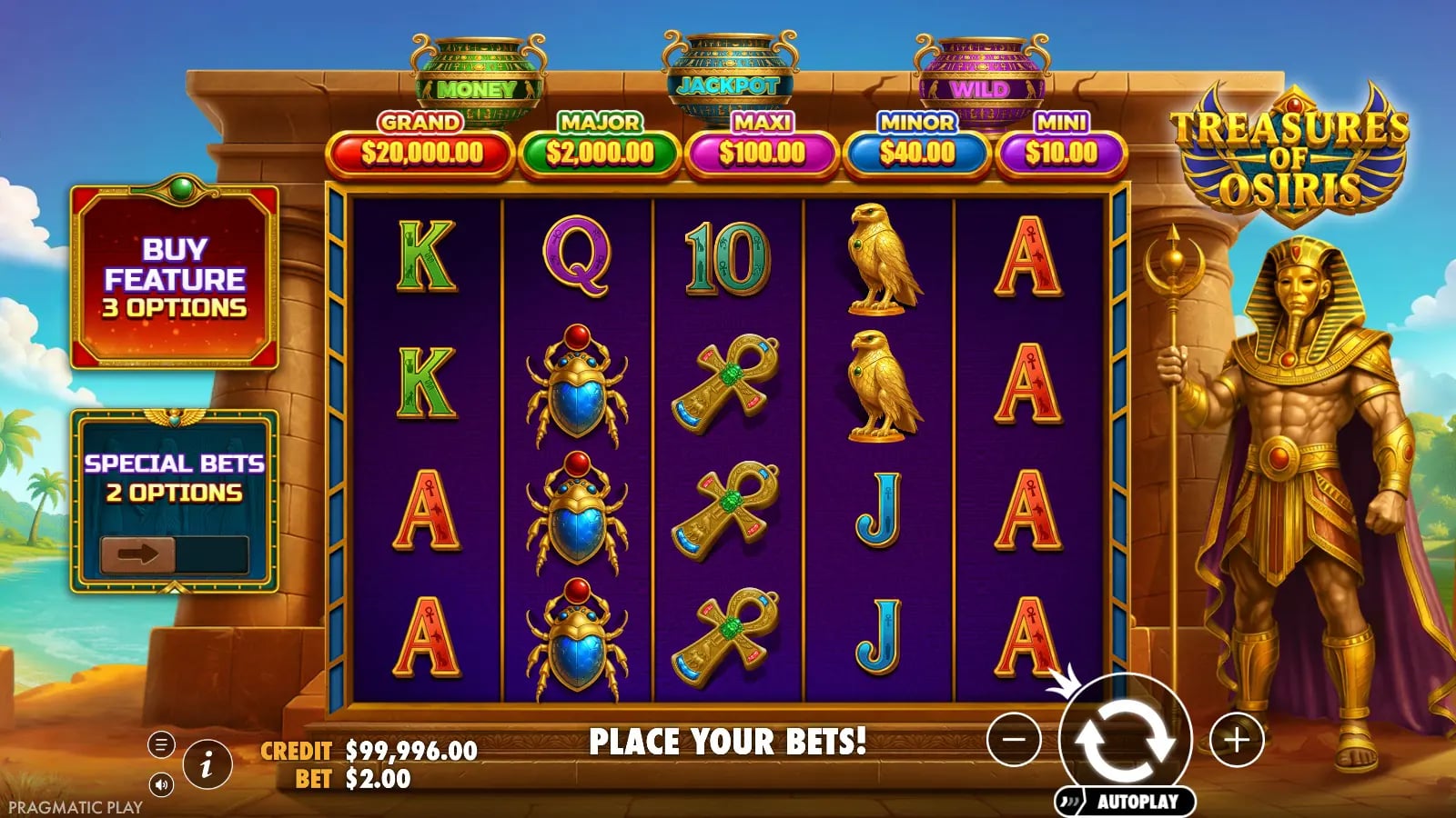 Treasures of Osiris five-reel base game with jackpot tiers and buy controls