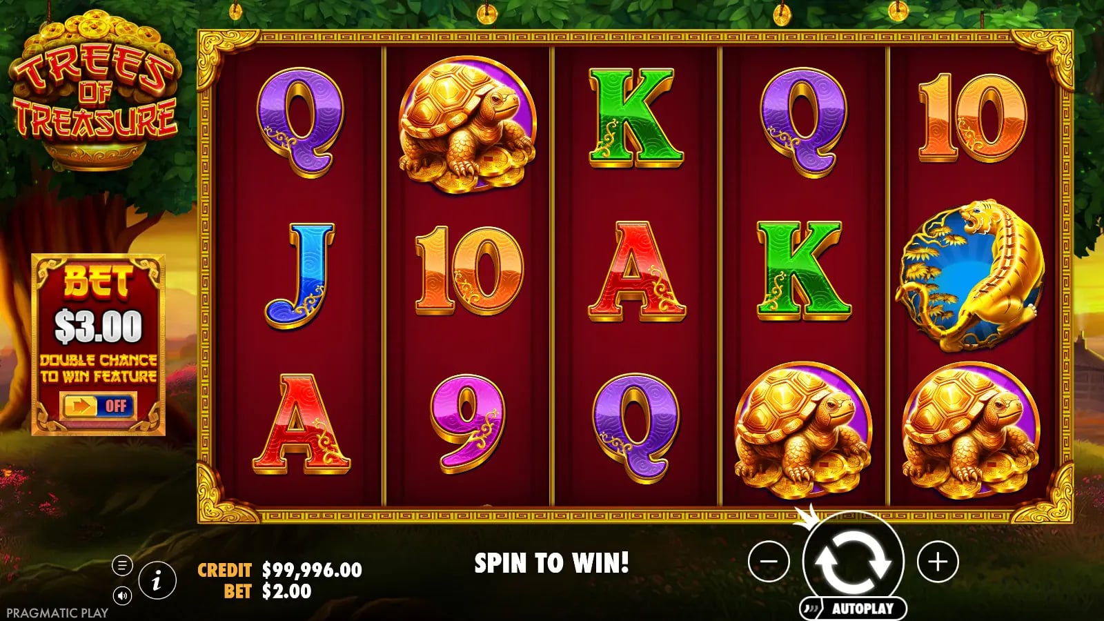 Trees Of Treasure ordinary five-by-three reel result with turtles, card symbols, the Double Chance control and virtual-credit balance.
