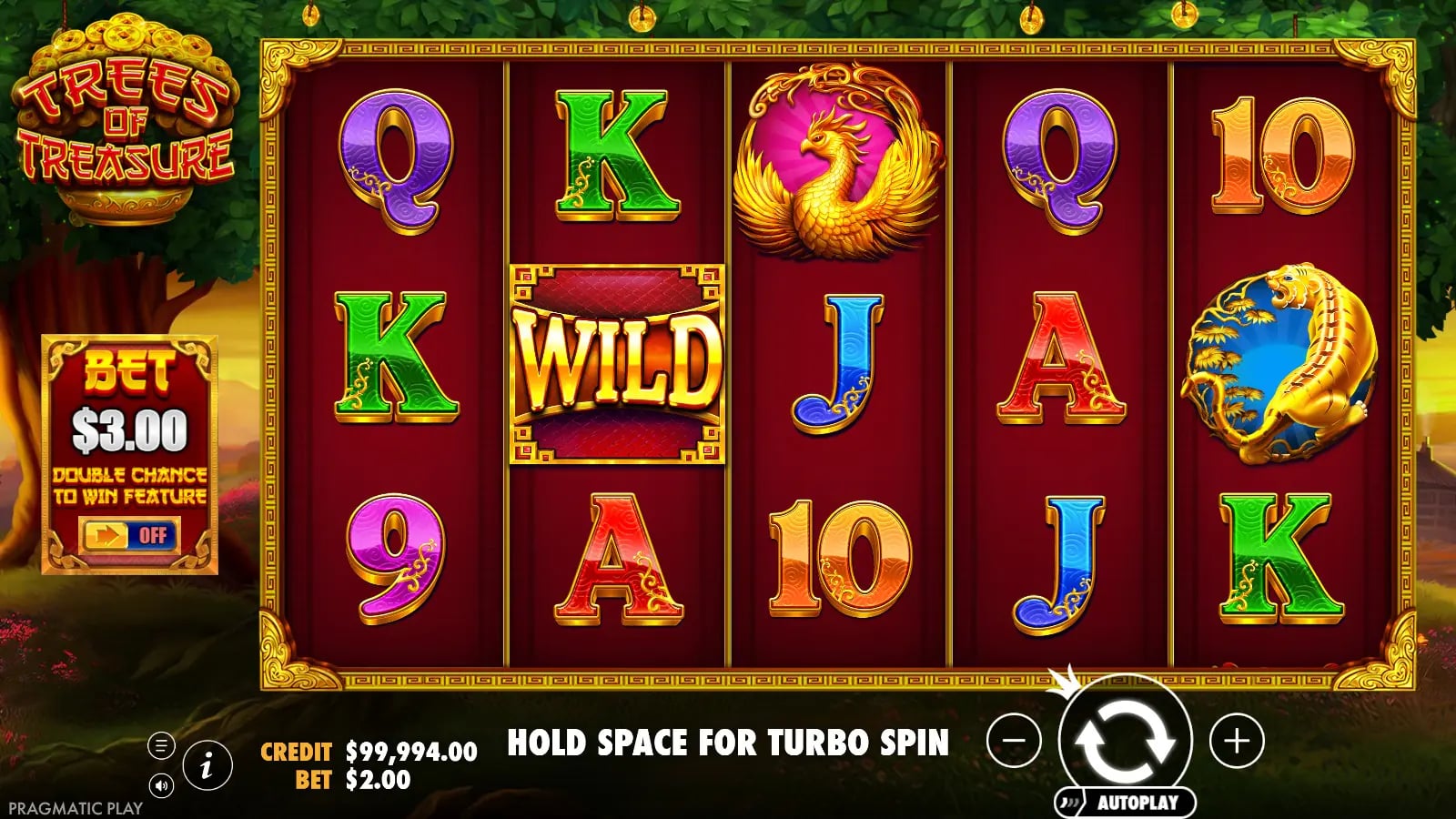 Trees Of Treasure later five-by-three base result with a Wild on reel two, dragon and fish symbols and the full player-control row.