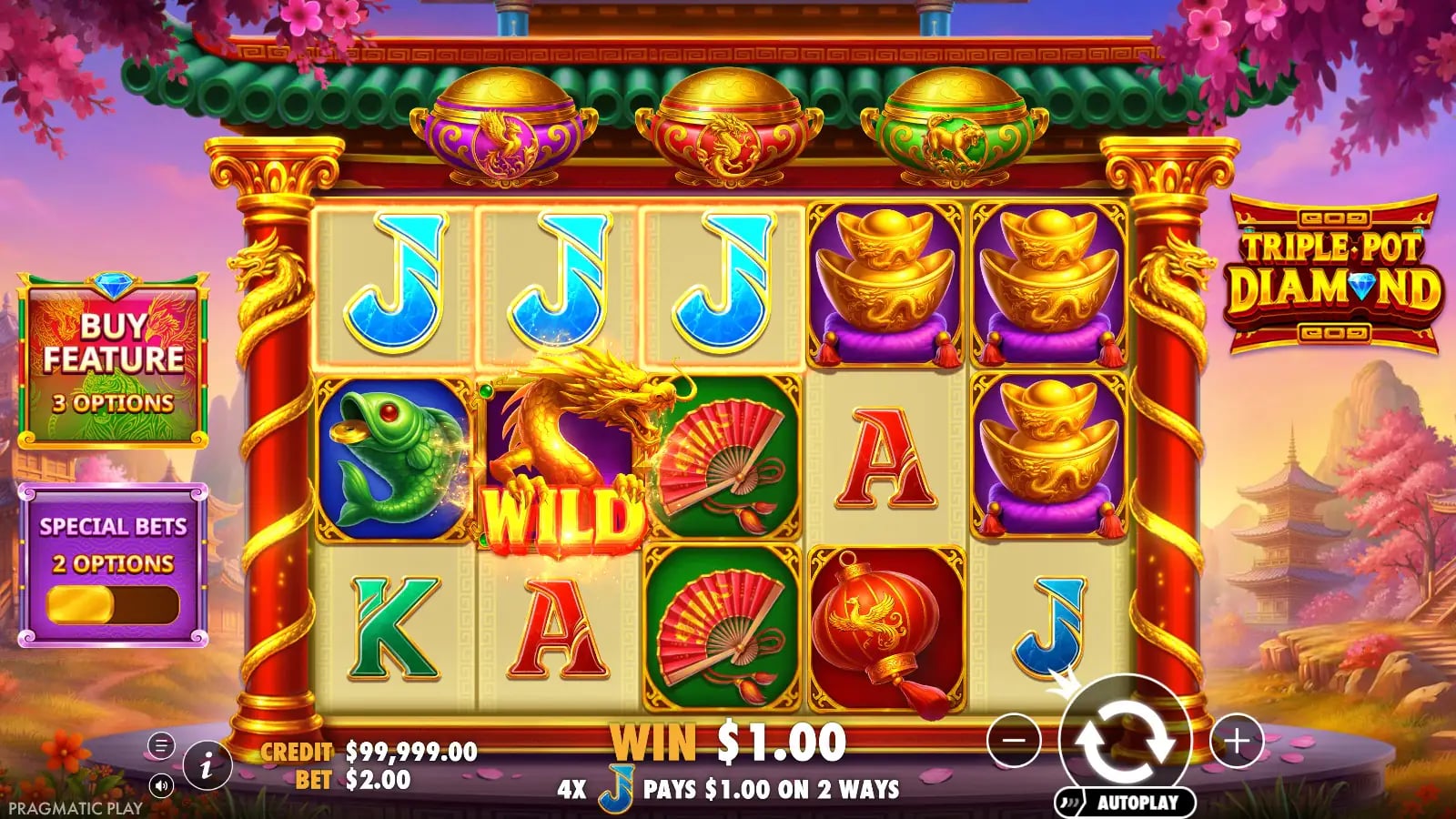Triple Pot Diamond ordinary reel win with a central Wild