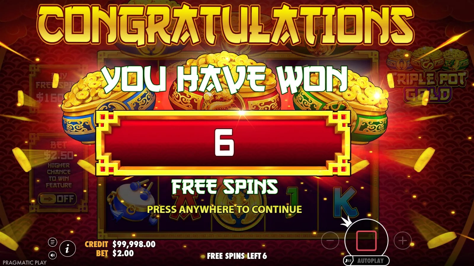 Triple Pot Gold official demo showing the Congratulations screen awarding six Free Spins, with the three animal pots visible above the five-reel stage.