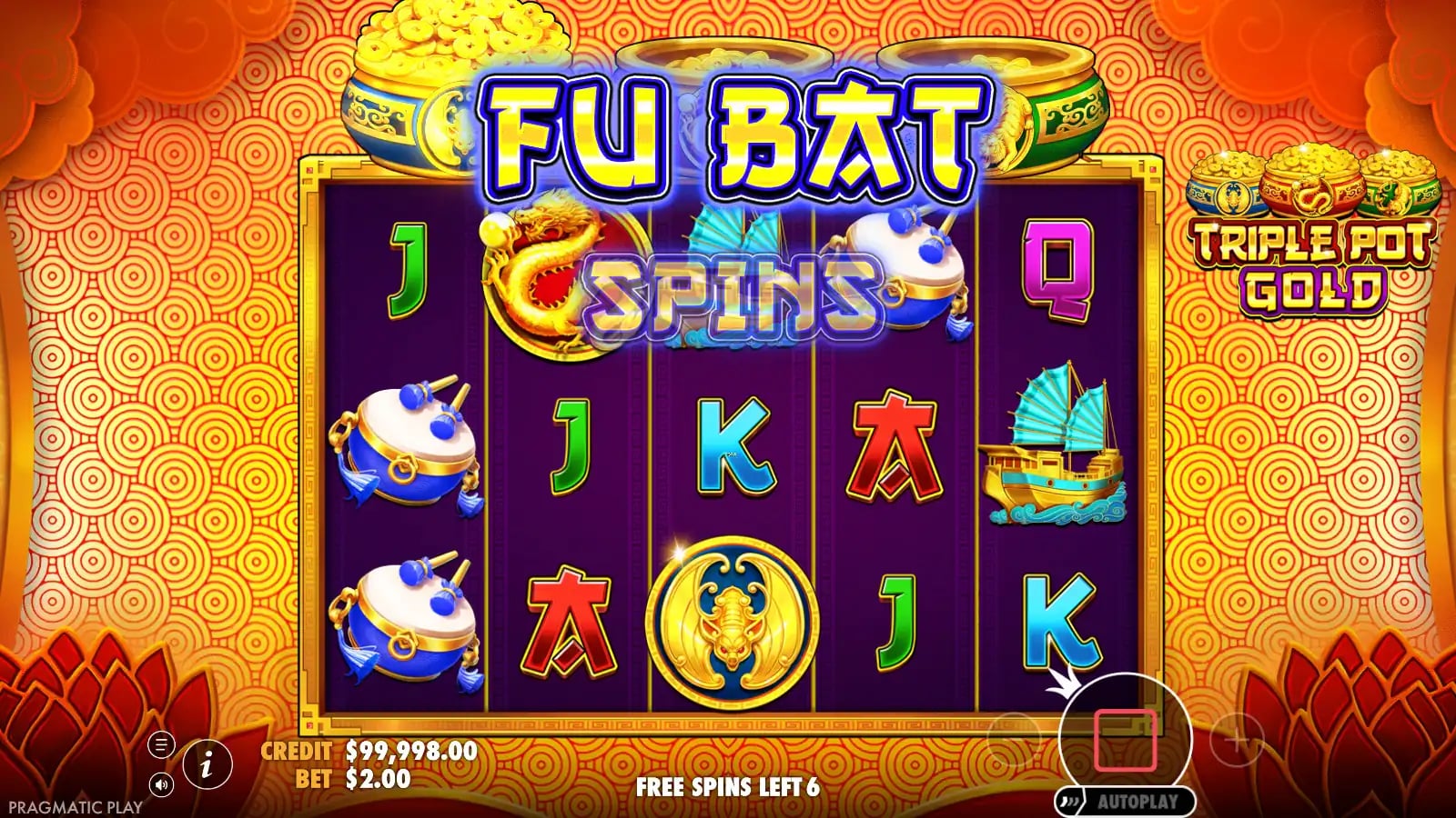 Triple Pot Gold Fu Bat Free Spins screen showing the five reels, Bat symbols, three animal pots and the remaining-spins counter.