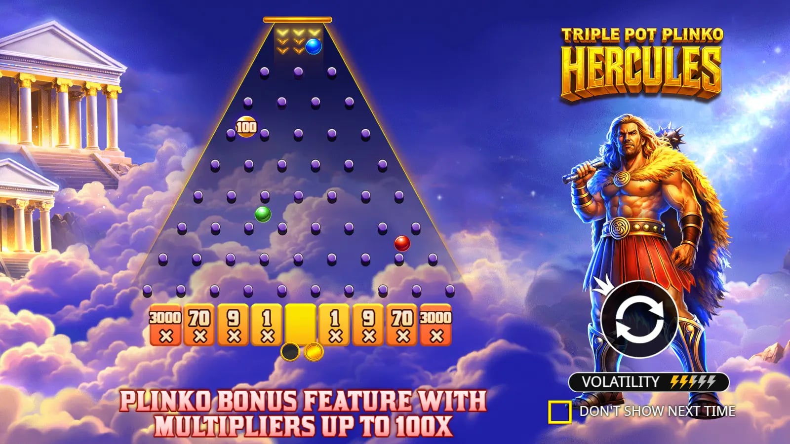 Triple Pot Plinko Hercules official demo showing the full five-reel game and Plinko pyramid