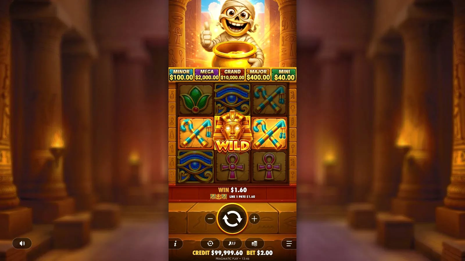Tut's Treasure Tower later three-row spin showing a line win
