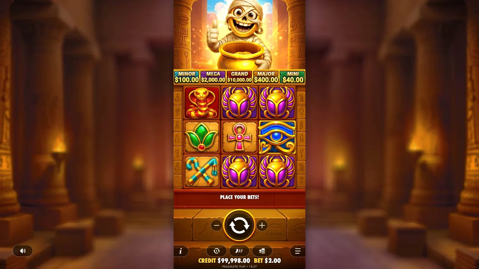 Tut's Treasure Tower three-row base game with scarab symbols