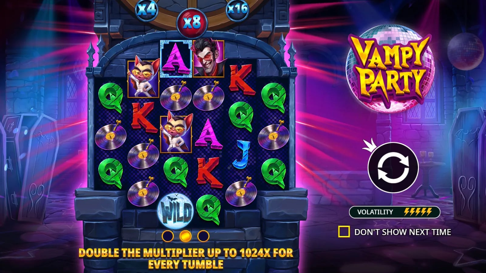 Vampy Party instruction screen with multiplier examples above a six-reel nightclub board.