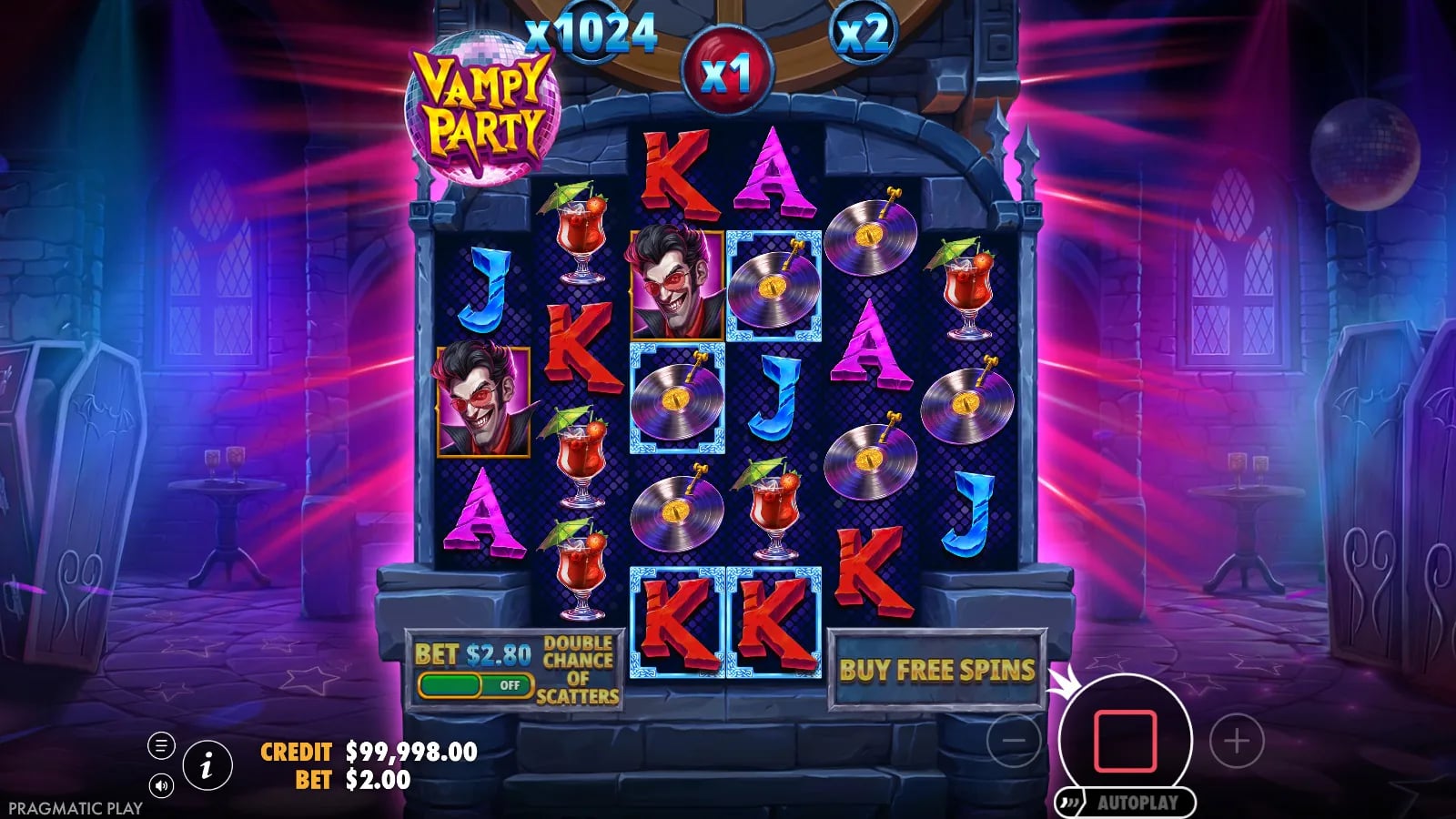 Vampy Party ordinary board with blue-marked middle symbols and the multiplier at 1×.