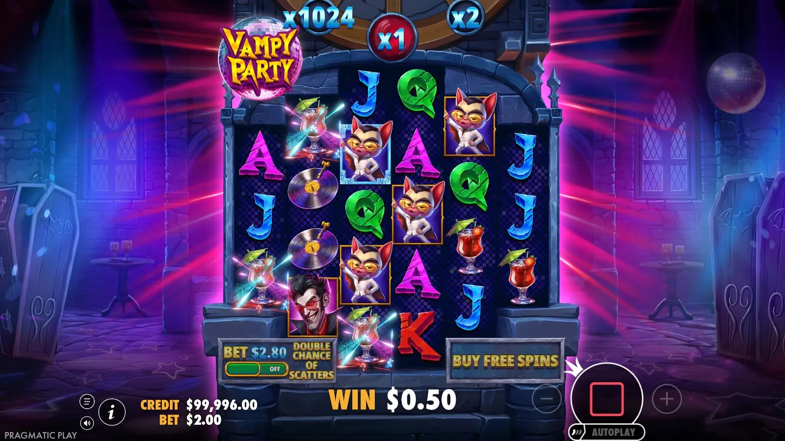 Vampy Party $0.50 base win with sparkling symbols and the multiplier still at 1×.