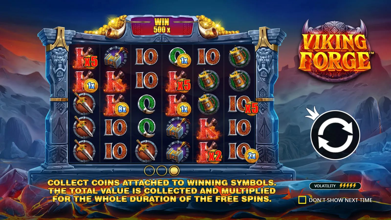 Viking Forge instruction overlay with attached coin examples on a six-reel, five-row board.