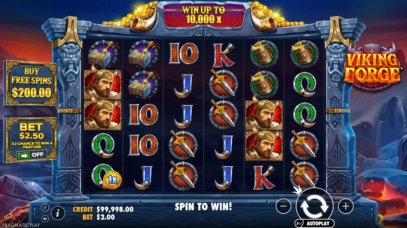 Viking Forge base board with a 1× coin attached to a Q and a $2 virtual bet.