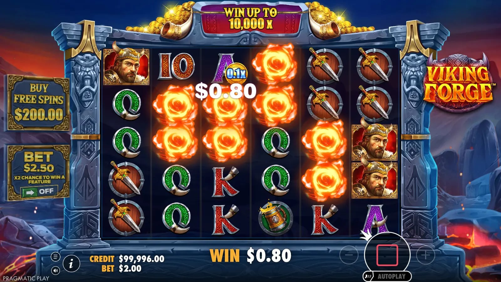 Viking Forge ordinary $0.80 win with clearing symbols and a visible 0.1× coin.