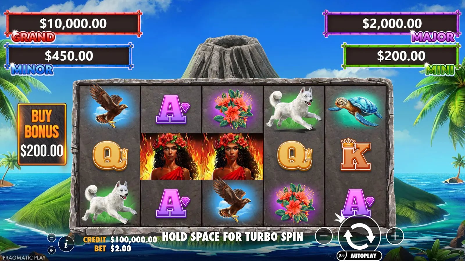Volcano Goddess ordinary five-by-three reels with jackpot banners and optional Buy Bonus control.
