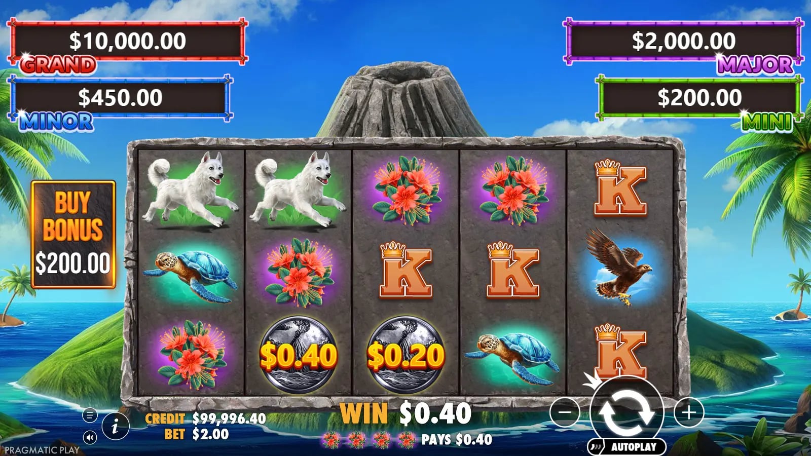 Volcano Goddess base-game flower win with two visible valued symbols on the lower reels.