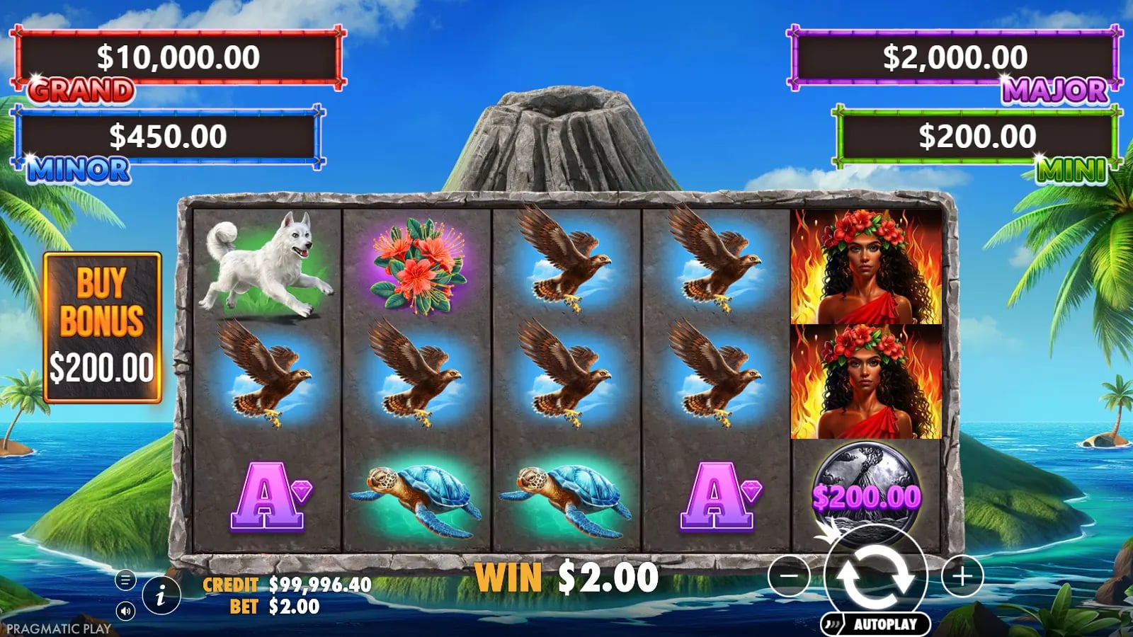 Volcano Goddess ordinary reels with one purple $200 valued symbol and a $2.00 win display.