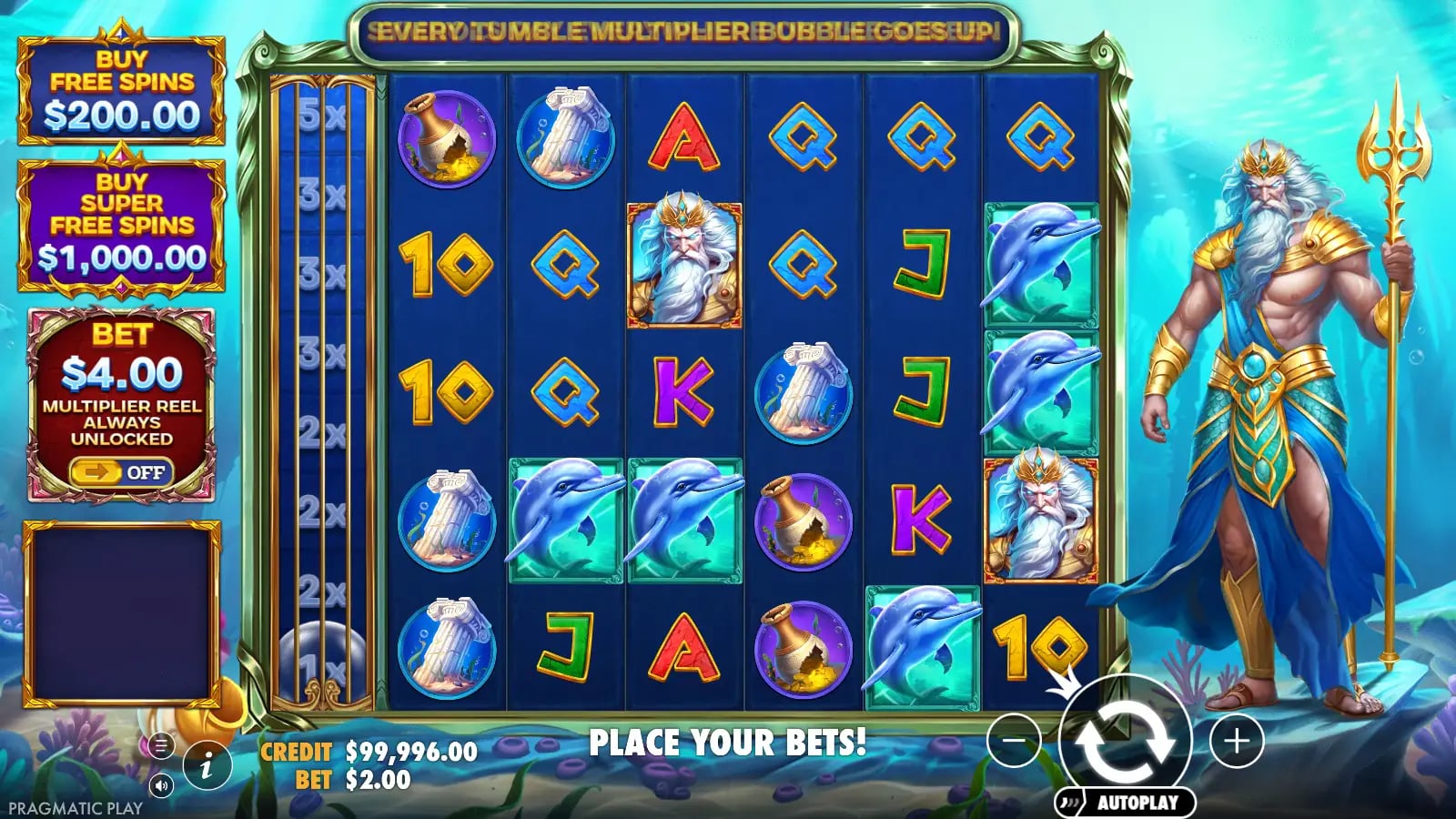 Waves of Poseidon playable 6x5 grid with multiplier reel and controls