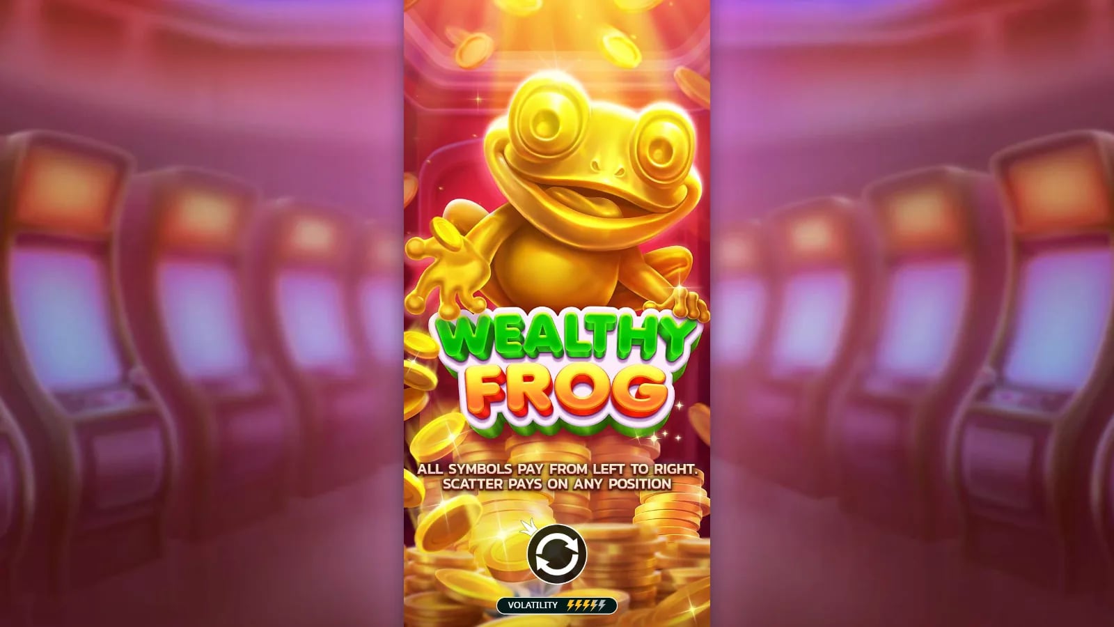 Wealthy Frog illustrated start screen with golden frog and left-to-right and Scatter rule text.