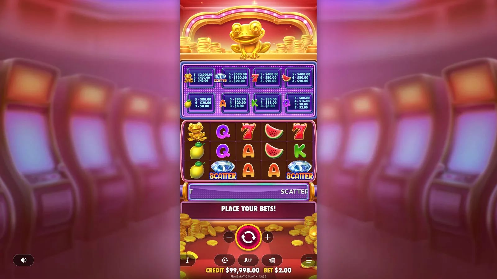 Wealthy Frog ordinary five-reel board with two diamond Scatters and one frog at a $2 virtual stake.