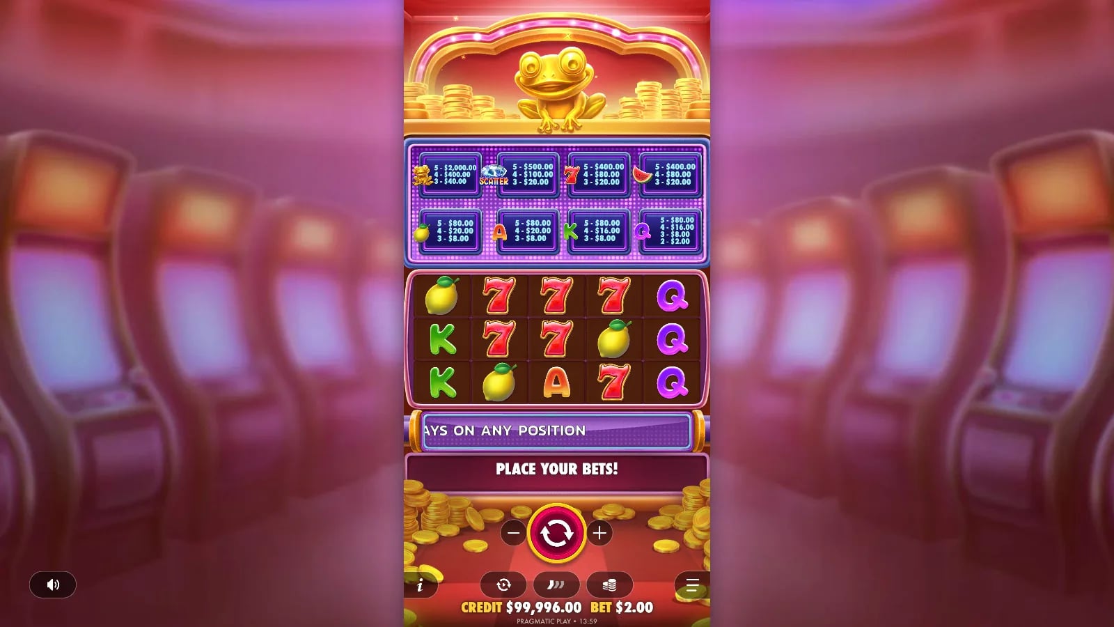 Wealthy Frog later ordinary board with red sevens, fruit and letters at a $2 virtual stake.