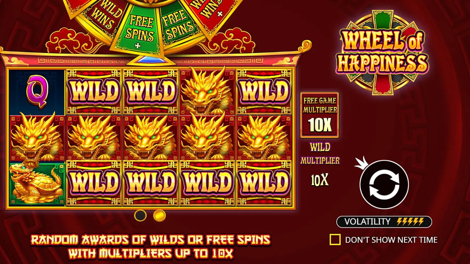 Wheel of Happiness opening artwork with the bonus wheel and dragon