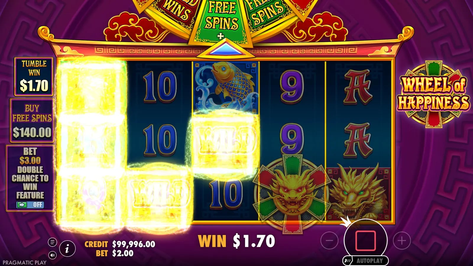 Wheel of Happiness in-play tumble with a small win displayed