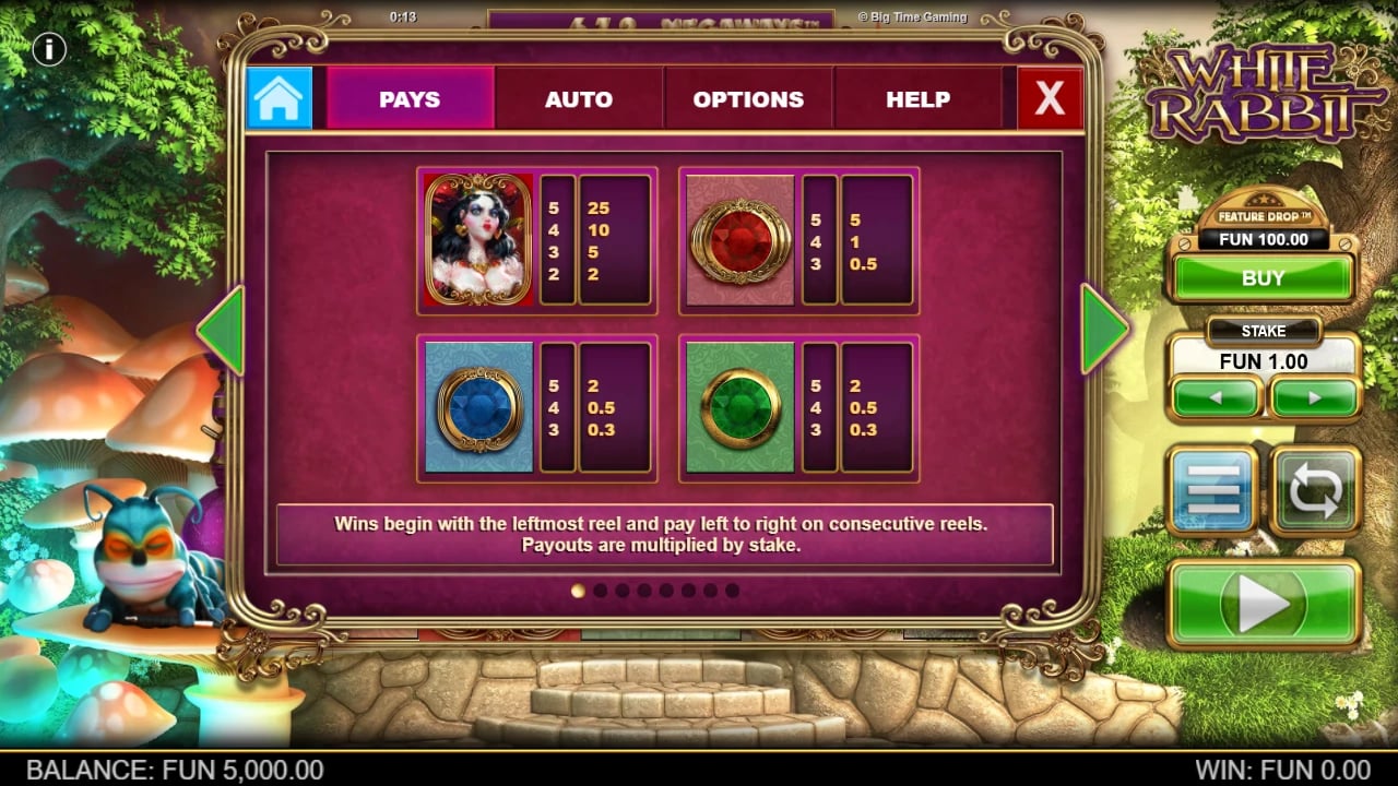 White Rabbit paytable and Feature Drop at a one-FUN stake