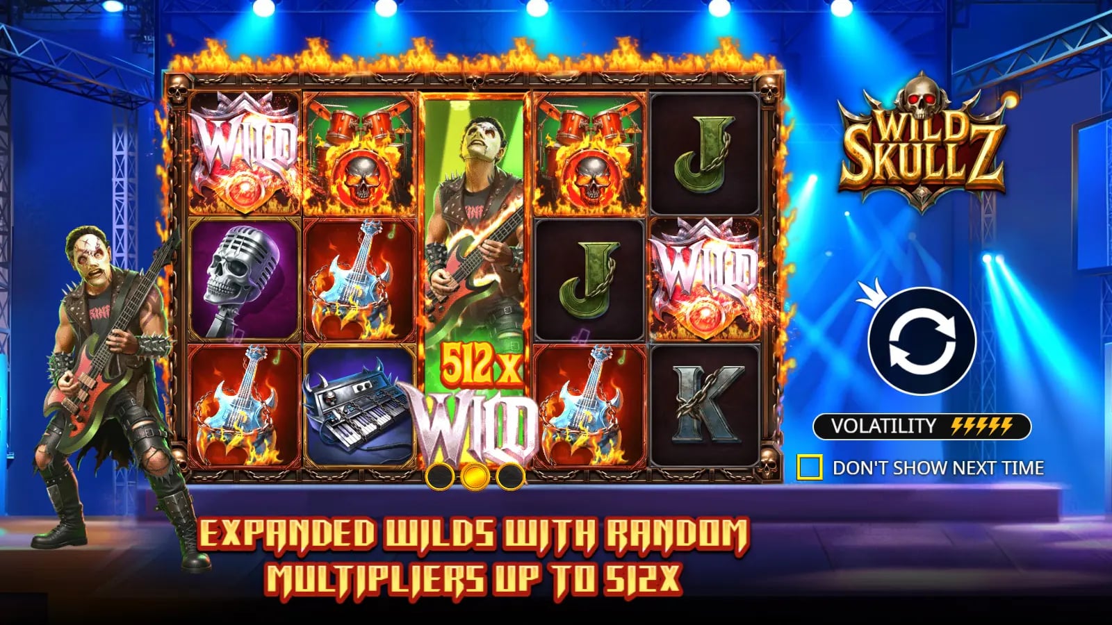 Wild Skullz introductory screen showing a full-reel Wild and the 512x multiplier headline