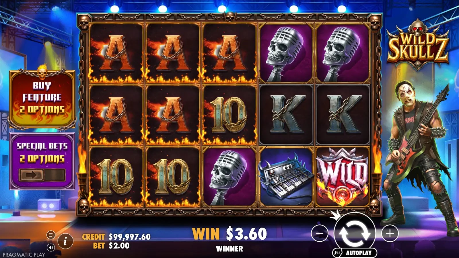 Wild Skullz settled base-game win with fiery symbols and a Wild on the last reel