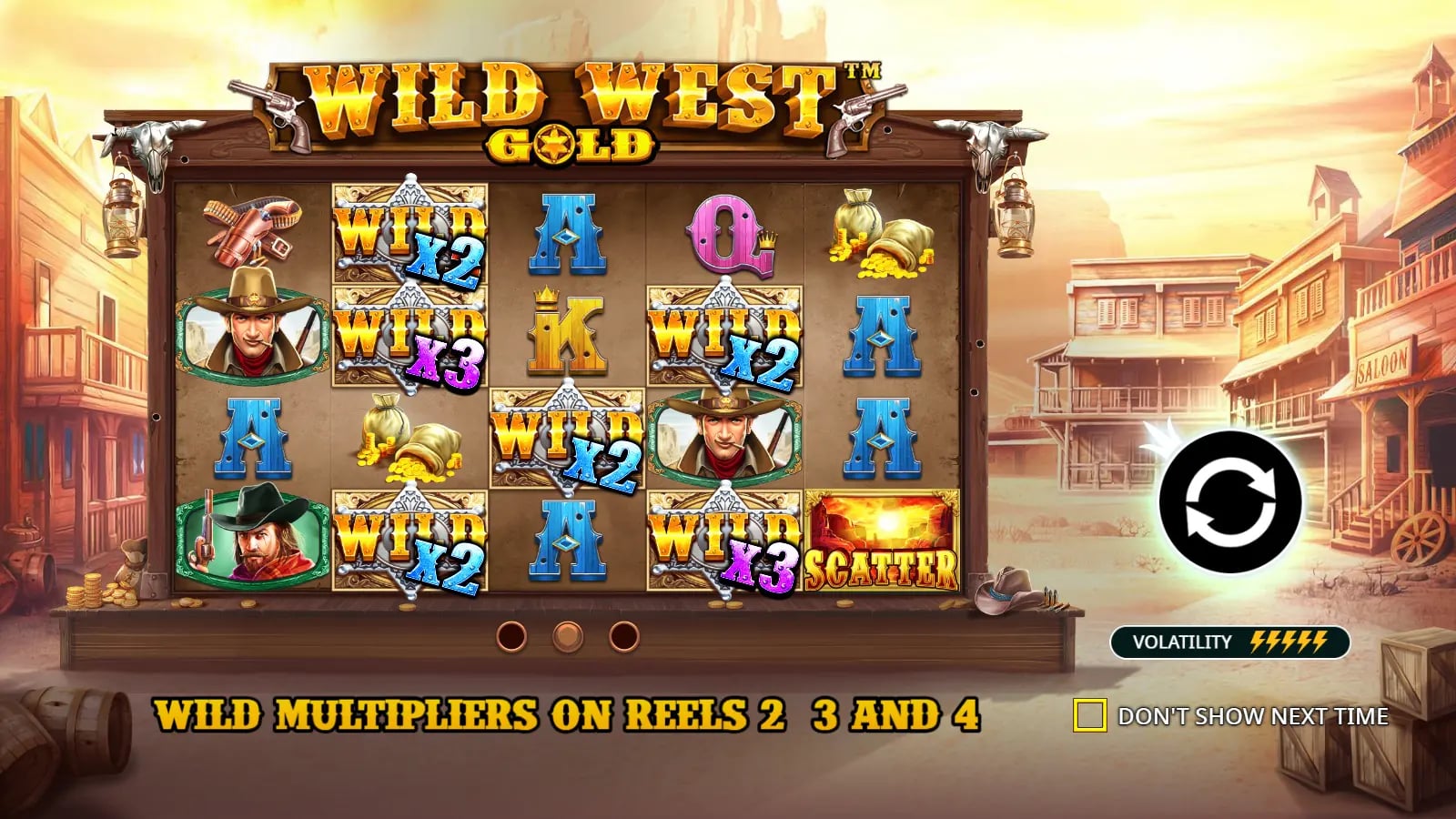 Wild West Gold provider instruction frame showing illustrated multiplier Wilds and one Scatter on a five-by-four grid.